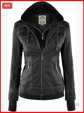 Faux Leather Motorcycle Jacket with Removable Hood, Classic Fit